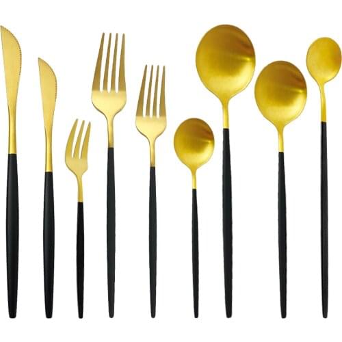 4Pcs Cutlery Set Dinnerware Set Tableware Matte Black Gold Silverware Dinner Dessert Fork Knife Teaspoon Korean DropShipping