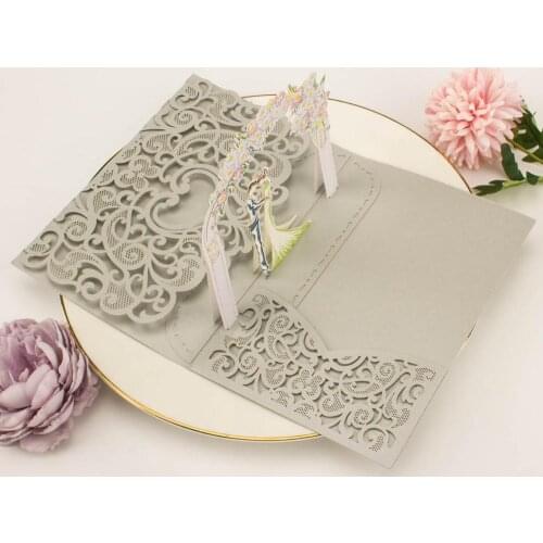 50pcs 3D invite pocketfold Wedding invitation Cards three folded card laser cut pocket Greeting invitations cover party