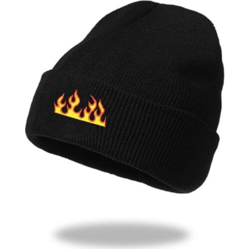 Acrylic Flame Modeling Embroidery Autumn Winter Short Keep Warm Beanies Hat for Men Women Outdoor Ski Elasticity Cold Cap W136