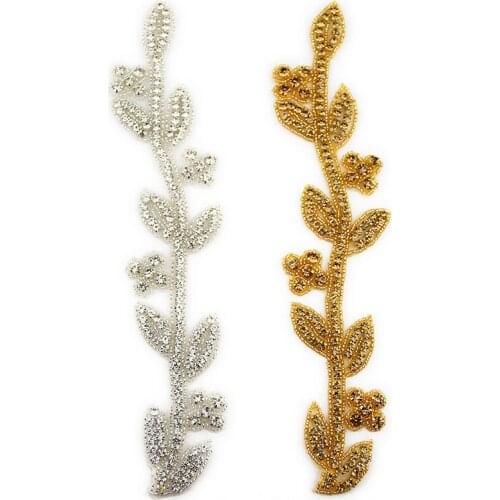 Hand-Made Beades Leaves Silver And Gold Rhinestone Applique for Wedding Accessories WRA-1007