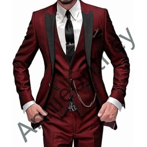 Custom Made 2020 Burgundy Mens Wedding Suits Prom Party Groom Tuxedos 3 Piece Set Slim Fit Business Male Suit(Blazer+Vest+Pants)