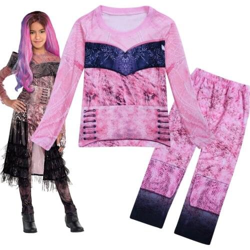 Baby Girls Descendants 3 Halloween Costume for Kids Mal Bertha Cosplay Fantasia Clothing Home Wear Pajama Set Shirts + Pants