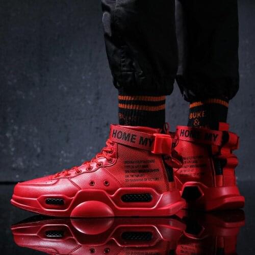 PU Leather High Top Sneakers Man Running Shoes for Men Sports Shoes Men Shoes Sport Male Red Walking Workout Trainers GMB-0346