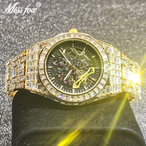 MISSFOX Hollow Mechanical Automatic Man Wristwatches AAA Gold Square Diamond Iced Out Gentleman Luxury High-end Business Clocks