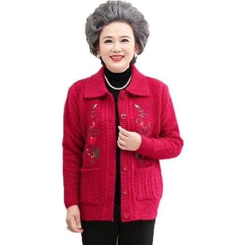 2020 elderly autumn winter women sweater cardigan mother loaded sweater jacket Female Add cashmere Thicken Button Knit Cardigan