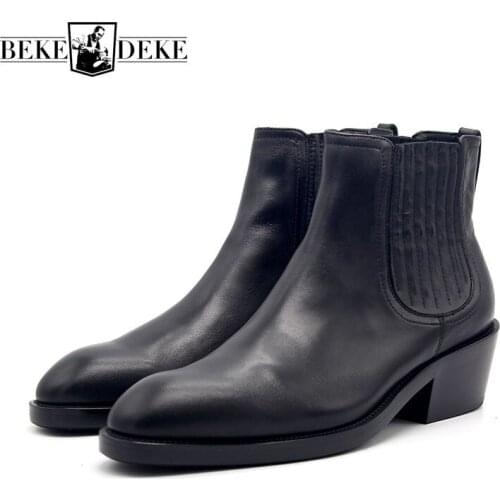 Autumn Winter Pointed Booties Man Luxury Handmade Men Shoes Leather Black Slip On Mens Ankle Boots European High Heel 6CM 34-45