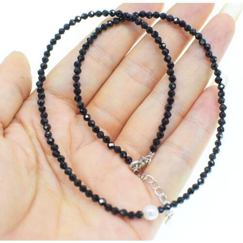White Freshwater Pearl Black Spinel chocker necklace round faceted 16inch nature FPPJ wholesale beads