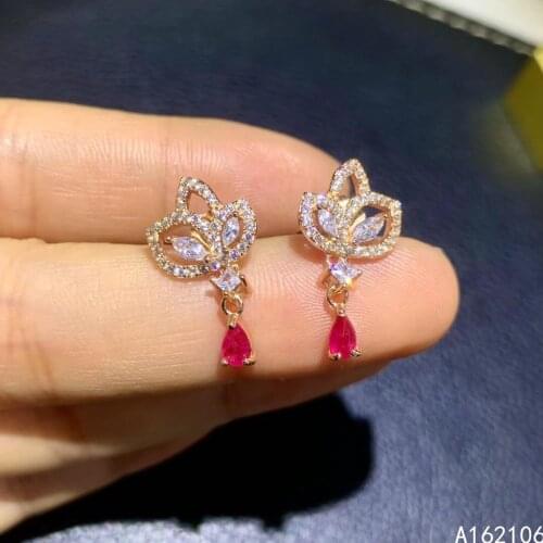 Fine Jewelry 925 Pure Silver Chinese Style Natural Ruby Girl Luxury Lovely Plant Water Drop Gemstone Earrings Ear Stud Support D
