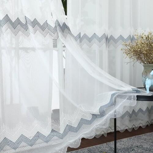 Modern Embroidery White Tulle Curtains for Bedroom Living Room Readymade Blue Gray Wave Curtains