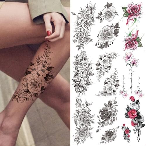 Peony Flower Temporary Tattoo For Women Girls Black Mask Zinna Lily Chains Tattoos Sticker Snake Fake Realistic Rose Tatoos Leg