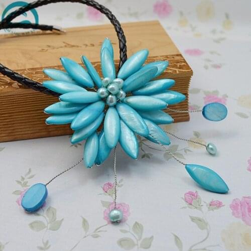 Unique Pearls jewellery Store Perfect Blue Real Pearl Shell Flower Leather Necklace Wedding Birthday Chirstmas Gift For Women