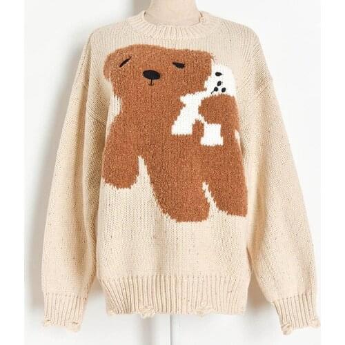 Vintgae Hollow New Fashion Cartoon Bear O-Neck Knitted Sweater Loose Long Sleeve Pullover Women Christmas 2020 Clothing
