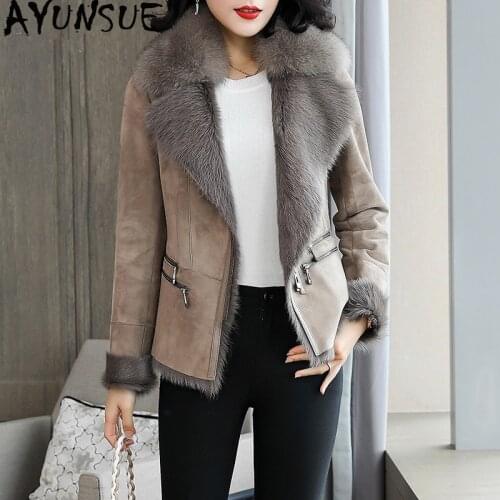 Double Faced Fur Coat Female Natural Sheep Fur Coats Winter Jacket Women Fox Fur Collar Shearling Genuine Leather Jacket H9879