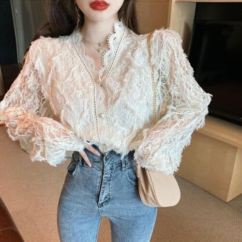Women 2021 New Tops White Shirts V-neck Long Sleeve Vintage Lace Hollow Out Lace Ladies Blouses Sweet Solid Color Shirts