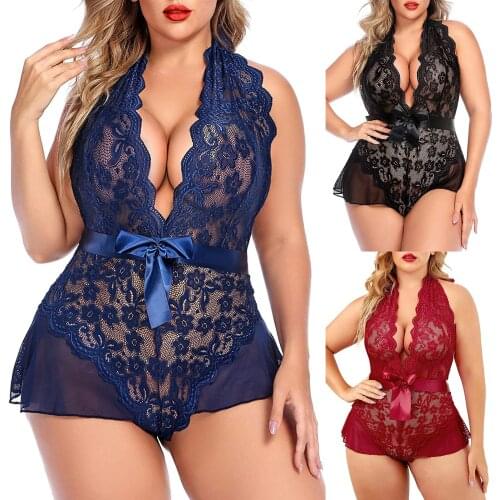 Womens oversized Sexy Lace tights, suspenders, V-neck pajamas, sexy jumpsuit, hem, sleeveless and transparent neckline