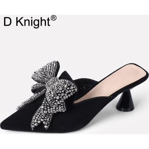 Stylish Crystal Bow Women High Heel Sandal Slides Shoes 2020 Summer New Pointed Toe Half Slippers Female High-Heeled Mules Shoes