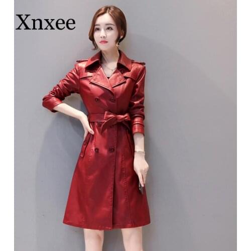 Womens Elegant PU Leather Long Jackets With Belt Ladies Faux Sheepskin Trench Coat Streetwear Plus Size 5XL Female Outerwear