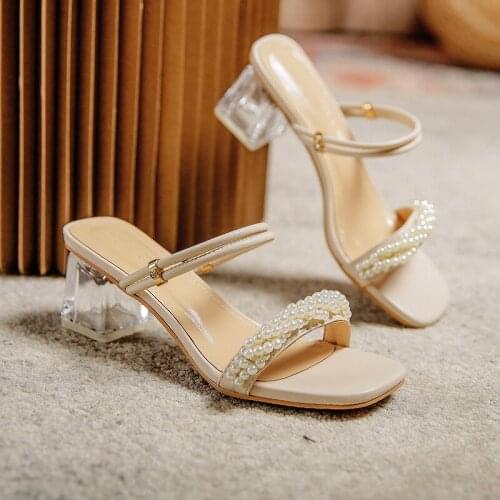 2021 High-heeled Pointed Toe Womens Pumps Mesh Stiletto Hollow Pearl Rhinestone Sexy Transparent Shoes Pearl slipperswomenshoes