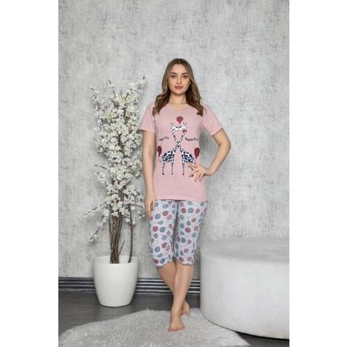 Womens Pink Cotton Giraffe Printed Flannel Mesh Short Sleeve Kaprili Pajamas set Made In Turkey