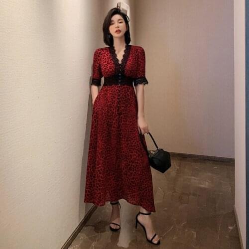 New arrival fashion party dress women elegant autumn v-neck half sleeve lace leopard dress temperament lady a-line long dress