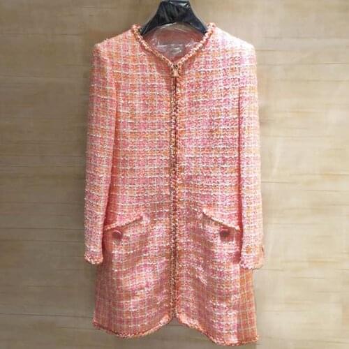 2019 Spring Autumn Winter Women Orange Pink Plaid Tweed Mini Dresses Zipper O-neck Sequins Pockets Elegant Celebrity Dress Y277