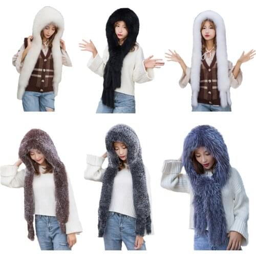 Real Fox Fur Scarf Hats One-Pieces Winter Warm Snow Cap For Women 6Colors