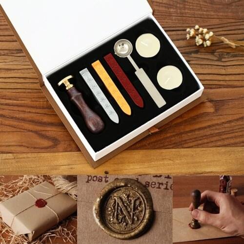1set Vintage wood Alphabet Badge Sealing Wax Seal Stamp Kit Set + Craft spoon for wedding invitations Envelope Scrapbooking