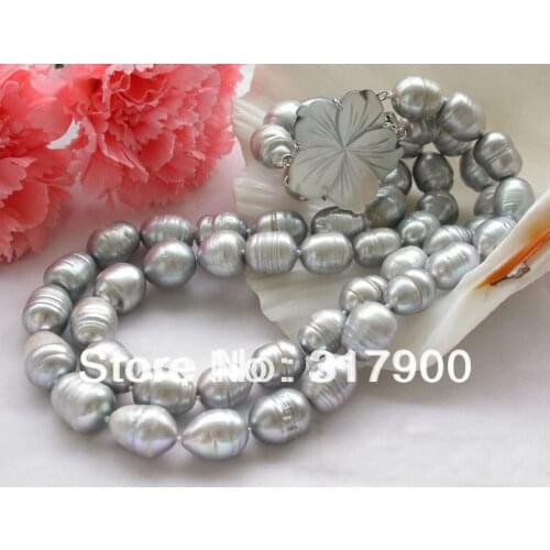 2row 15mm rice Screw gray freshwater cultured pearl NECKLACE