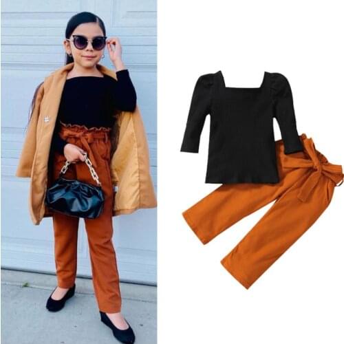 2 pcsKids Suit Set Spring Autumn Solid Color O-Neck Long Sleeve Kintted Pullover Tops Long Pants Girls Childrens Sets 1-6 Years