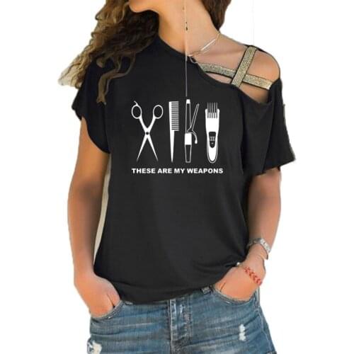 2020 Summer Barber T Shirt Women Short Sleeve Cotton Hairdresser Weapon T-shirt Woman Irregular Skew Cross Tops