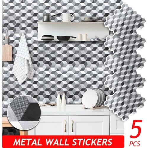 5PCS 30X30CM Metal Self-adhesive Wall Stickers Panels for Kitchen Bedroom Living Room Home Decor Hexagon Waterproof