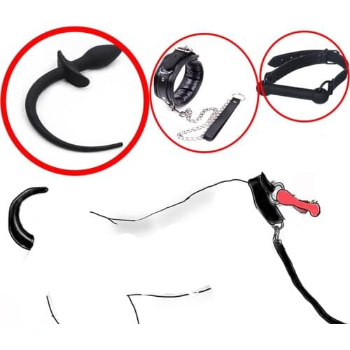 Puppy Play BDSM Set,Silicone Tail Butt Plug, Mouth Gag Ball Bondage ,Leather Padded Sex Collar Adult Toys