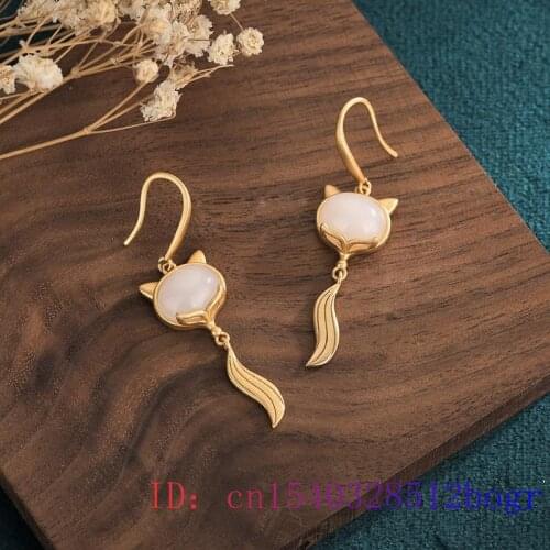 White Jade Fox Earrings Amulet Women Fashion Chalcedony Gifts Charm 925 Silver Natural Crystal Gemstone Jewelry Zircon Agate