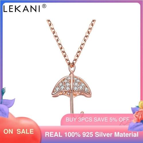 LEKANI 925 Sterling Silver Trendy Umbrella Pendants Necklace For Women Shiny Cubic Zircon Rose Gold Color Necklace Jewelry Gift