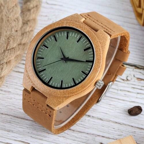 Fashion Green Bamboo Wood Men Watches Black Analog Genuine Leather Quartz Wristwatch Natural Wooden Clock Relojes masculinos