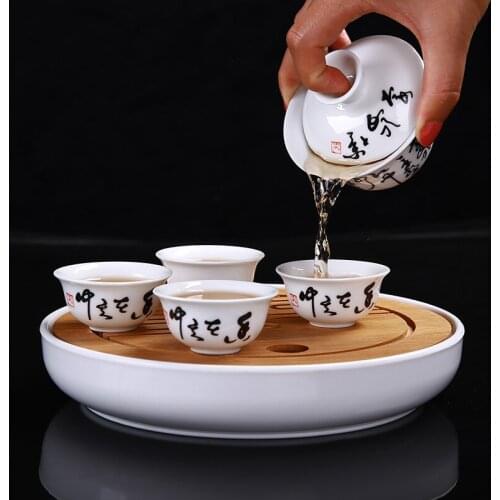 Travel tea set Portable Chinese Kung Fu Tea Cups [1 Tureen+ 6 Cups] with Bamboo Tea Tray Ceramic Tea Ceremony Table