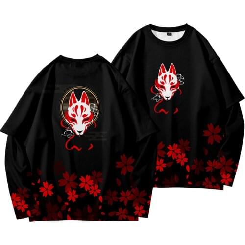 Anime Demon Sakura Fox Costume Black Gothic Punk T-shirts Long Sleeve Patchwork Streetwear Top Autumn Tshirts Harajuku Pullover