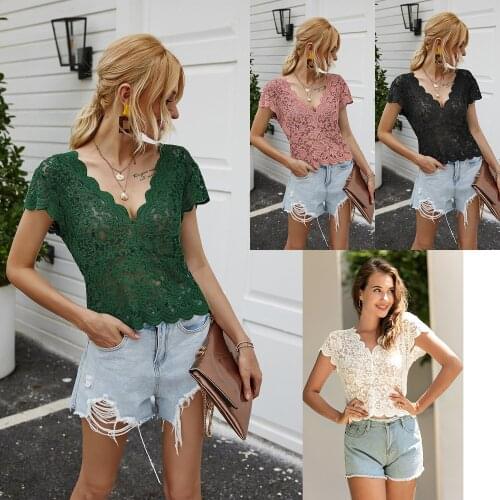 2021 Summer Hot Sale Women V-Neck Short-Sleeved Lace Sexy Short T-Shirt Top Pink Green Hollow out Shirt YY55