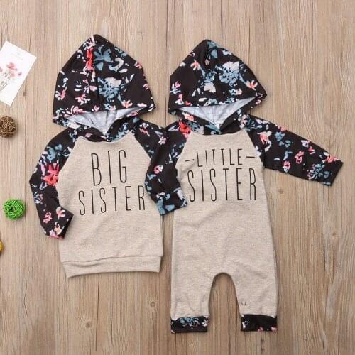 Baby Girls Cute Sister Match Clothes Hooded Long Sleeve Big Sister Tee Little Sister romper Bebe Clothes Outfit