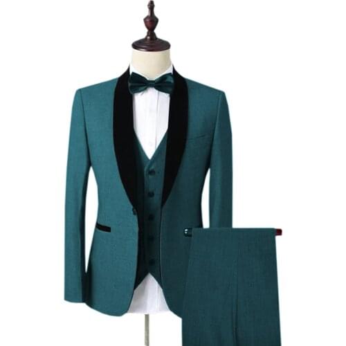 2020 Mens Velvet Suit 3 Pieces Slim Fit One Button Shawl Lapel Groomsmen Tuxedos Blazers For Wedding Party (Blazer+Vest+Pants)