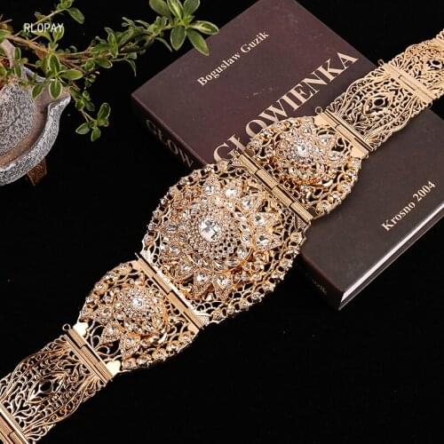 New Big Size Moroccan Wedding Dress Belts Luxury Rhinestone Caftan Belts In Gold Long Chain Arabic Bridal Jewelry Belts