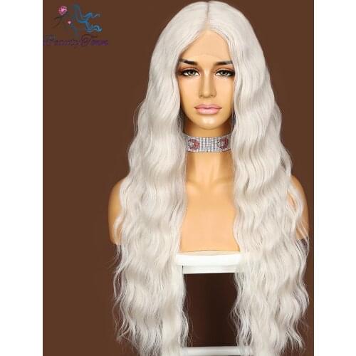 Synthetic Long Water Wave Ash White Lace Wig for Women Daily Makeup Girls Cosplay Party Wedding Deep T Middle Part Lace Wig
