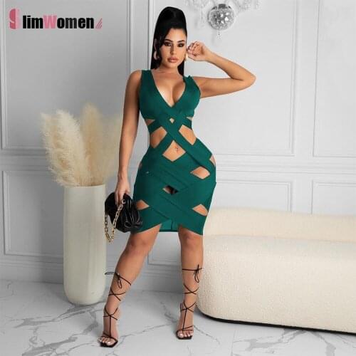 Sexy Weave Bandage Deep V Neck Hollow Out Bodycon Mini Women Dress Night Club Party Dresses Robe 2021 Cut Out Dress for Women
