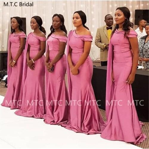 Dusty Rose Mermaid Bridesmaid Dresses With Cape Floor Length Corset Plus Size Satin Black Girls Wedding Guest Gowns 2021