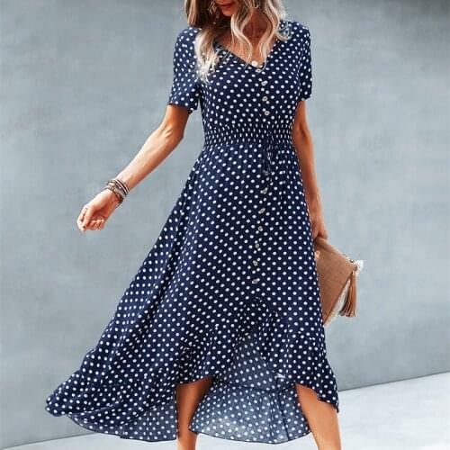 Boho Dot Print Ruffles Summer Dresses For Women 2021 Casual V-neck Draw String Midi Dress Ladies Holiday Beach Vintage Dresses