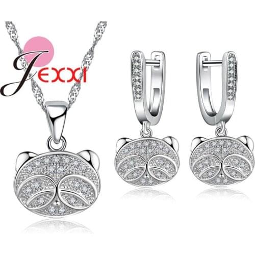 Austrian Crystal Jewelry Set For Women 925 Sterling Silver Pendant Necklace Earrings Set For Girls Gifts Cute Brown Bear