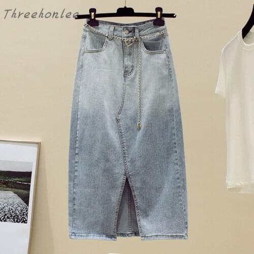Plus Size Womens Korea Denim Skirt 2021 Spring Autumn High Quality Fashion High Waist Split Jeans Half Length Skirt