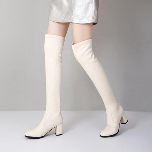 Spring Autumn PU Ladies Slim Over The Knee Boots Simple Fashion Square High Heel Slip On Womens Shoes Winter Large Size Boots