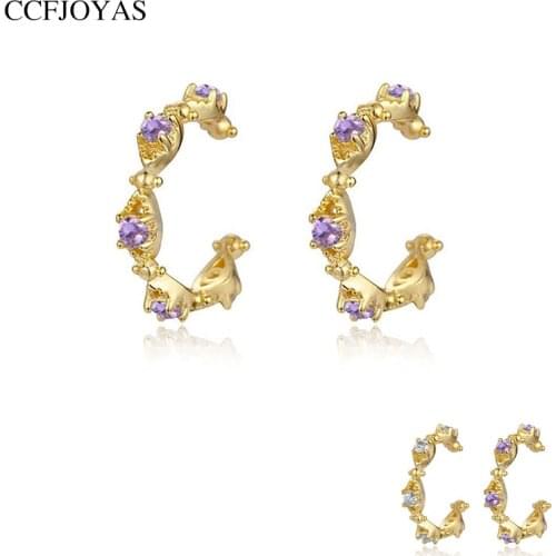 CCFJOYAS 1 Pair Simple White/Purple color Zircon Clip on Earrings Minimalist Gold Color Clip Earrings Fashion Jewelry Wholesale