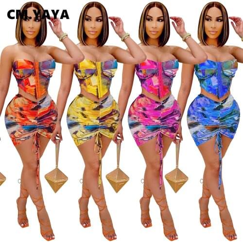 CM.YAYA Tie Dye Beach Mesh Womens Tracksuit Drawstring Ruched Mini Skirts Set Croset Crop Top Matching Two 2 Piece Set Outfit